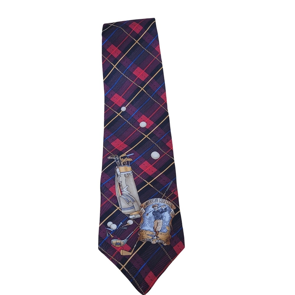 Van Heusen Mens Silk Tie Plaid American Golf Club Novelty Burgundy Navy Gold
